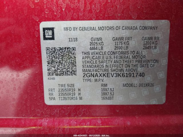 2GNAXKEV3K6191740 Chevrolet EQUINOX LT