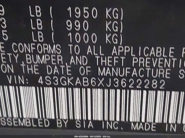 4S3GKAB6XJ3622282 Subaru Impreza 2.0i Premium