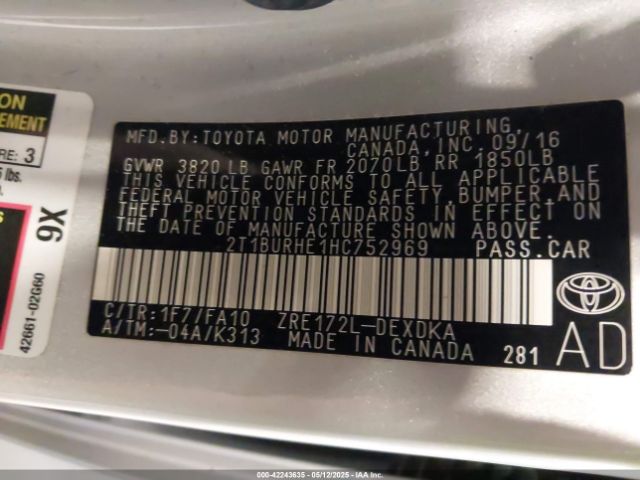 2T1BURHE1HC752969 Toyota COROLLA L