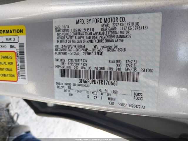 3FA6P0PU7FR170661 Ford Fusion Energi Se Luxury