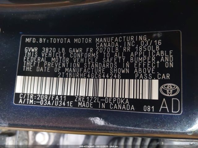 2T1BURHE4GC644246 Toyota COROLLA L