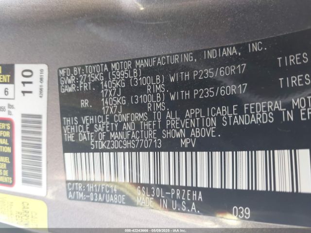 5TDKZ3DC9HS770713 Toyota Sienna Le 8 Passenger