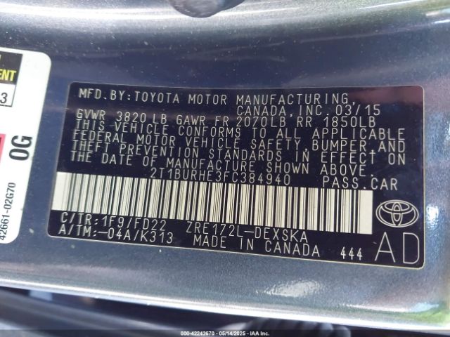 2T1BURHE3FC384940 Toyota Corolla S