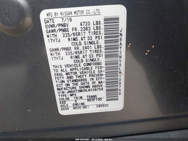 JN8AT2MV8LW109759 Nissan Rogue Sv Intelligent Awd