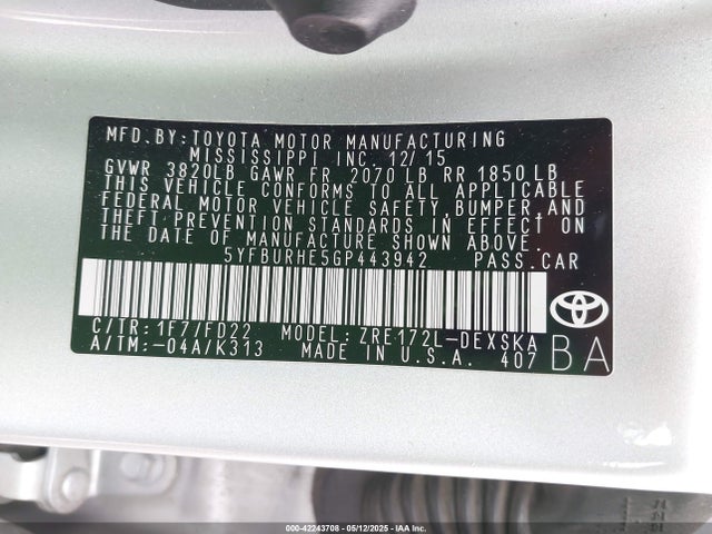 5YFBURHE5GP443942 Toyota Corolla S Plus