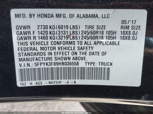 5FPYK3F89HB036558 Honda Ridgeline Black Edition