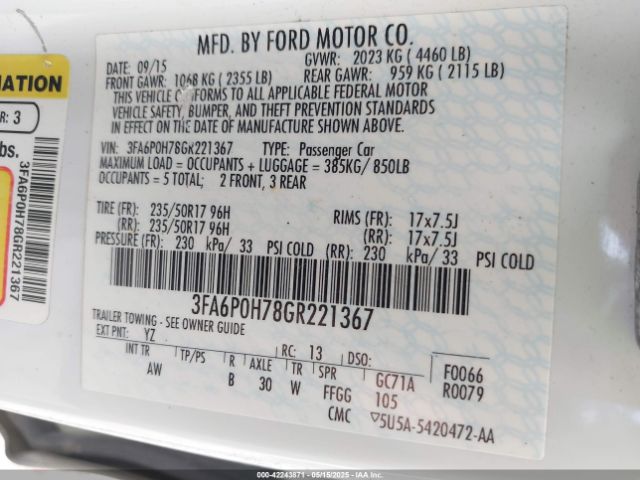 3FA6P0H78GR221367 Ford FUSION SE