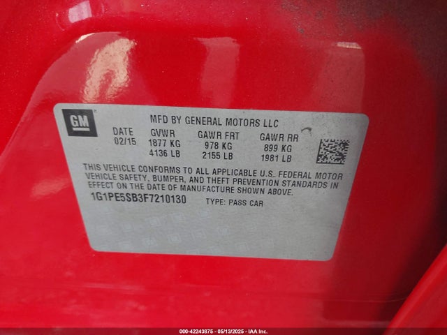 1G1PE5SB3F7210130 Chevrolet Cruze 2lt Auto