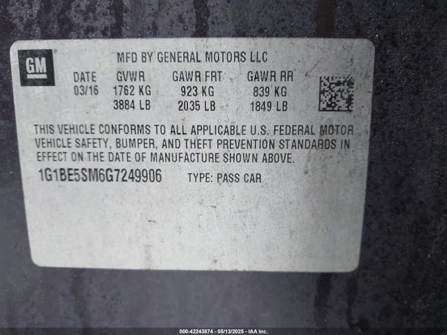 1G1BE5SM6G7249906 Chevrolet Cruze Lt Auto