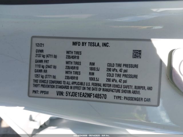 2022 TESLA MODEL 3 5YJ3E1EA2NF148570 Photo 8