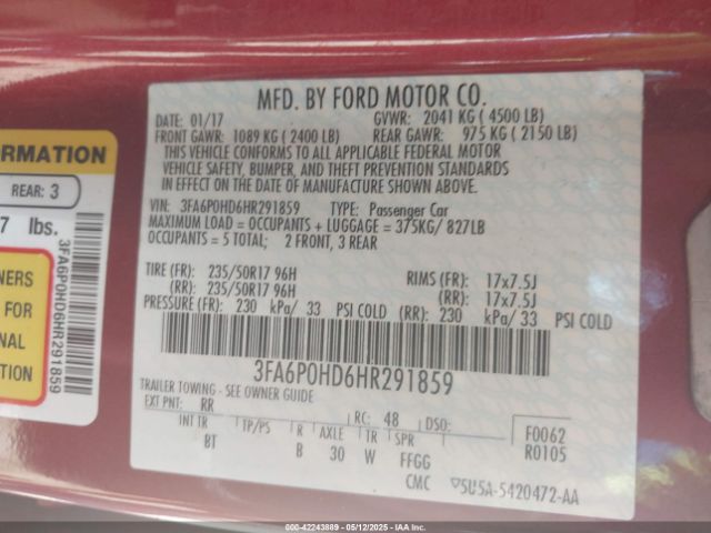 2017 FORD FUSION 3FA6P0HD6HR291859 Photo 8
