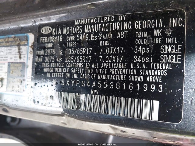 5XYPG4A55GG161993 KIA Sorento 3.3l Lx