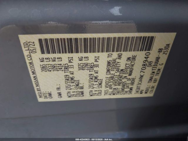 5N1BT3CA4NC708940 Nissan Rogue Sl Fwd