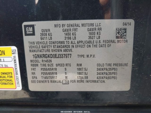 1GNKRGKD0EJ337977 Chevrolet Traverse 1lt
