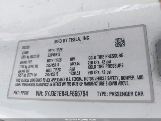 2020 TESLA MODEL 3 5YJ3E1EB4LF665794 Photo 8