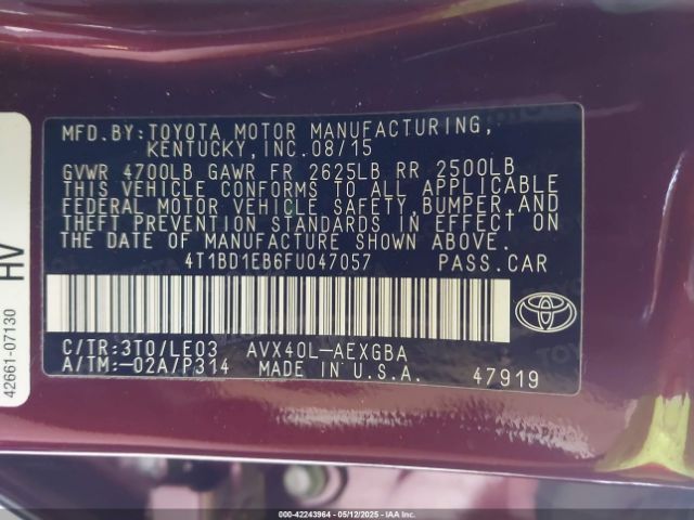 4T1BD1EB6FU047057 Toyota Avalon Hybrid Xle Touring