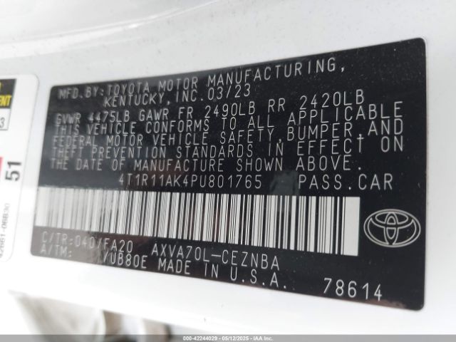 4T1R11AK4PU801765 Toyota CAMRY LE