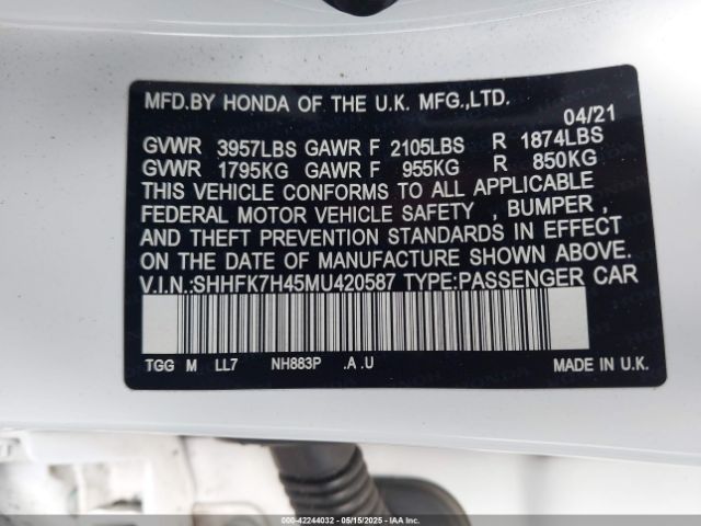 SHHFK7H45MU420587 Honda l15ba