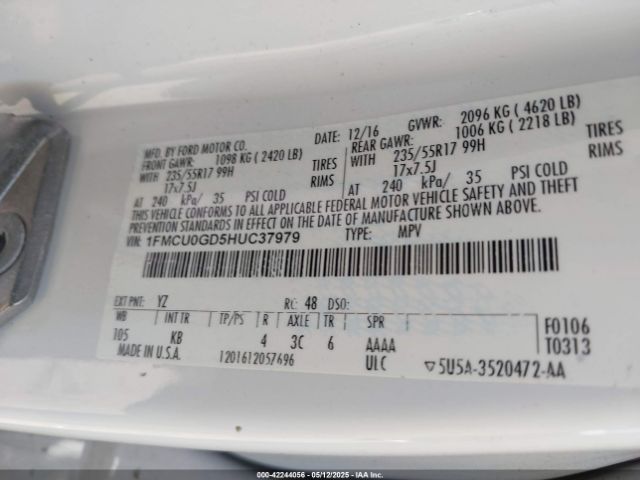 1FMCU0GD5HUC37979 Ford ESCAPE SE
