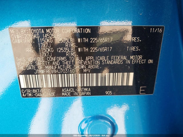 JTMWFREV8HJ703160 Toyota 2ar-fe