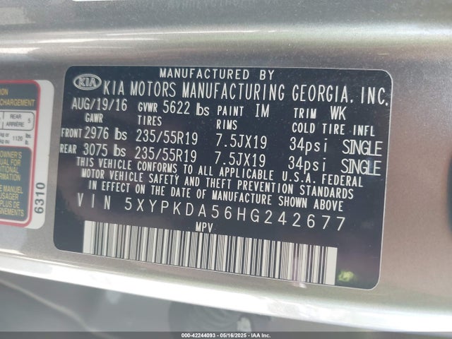 5XYPKDA56HG242677 KIA Sorento 3.3l Sx