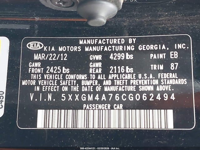 2012 KIA OPTIMA 5XXGM4A76CG062494 Photo 8