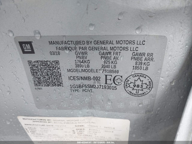 1G1BF5SM2J7193015 Chevrolet le2 -di: direct injection, vvt: variable valve timing, gen, alum