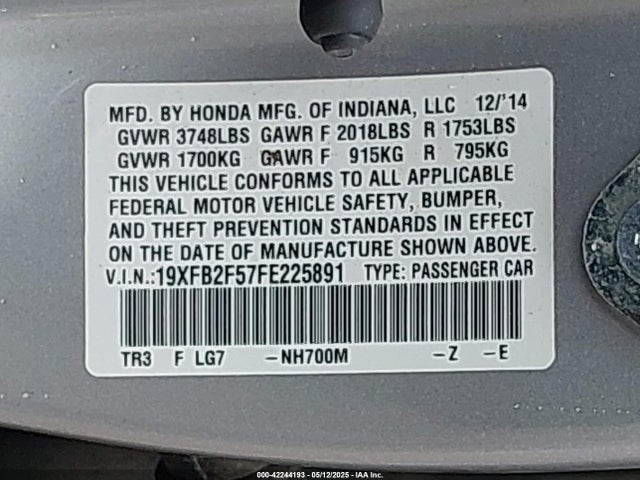 Honda Civic Lx 2015 19XFB2F57FE225891 Image 9