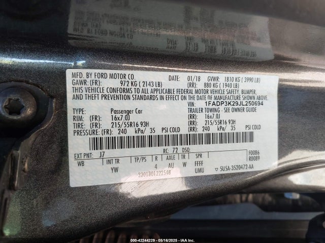 1FADP3K29JL250694 Ford FOCUS SE