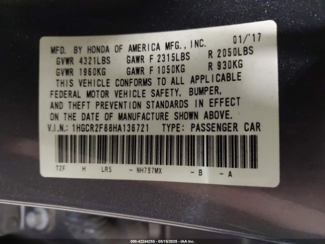 1HGCR2F88HA136721 Honda Accord Ex-l