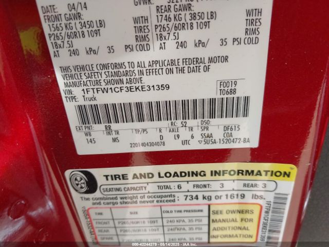 1FTFW1CF3EKE31359 Ford F-150 Xlt