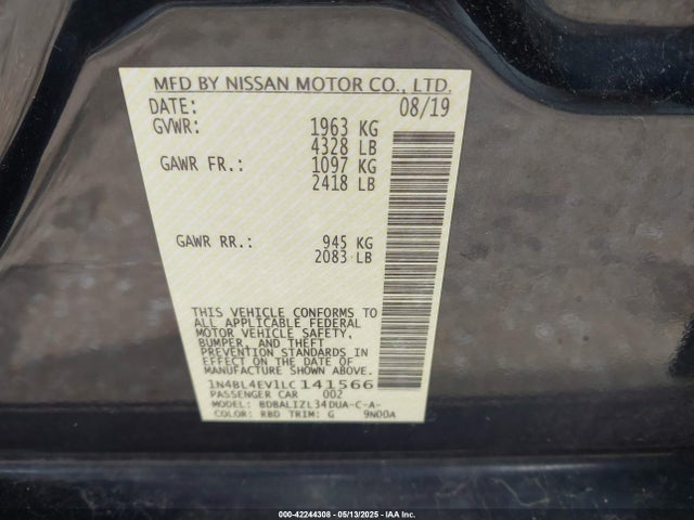 1N4BL4EV1LC141566 Nissan Altima Sl Fwd