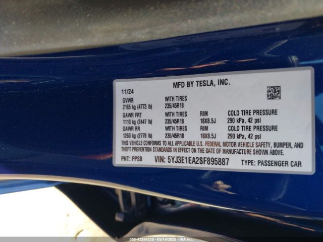 5YJ3E1EA2SF895887 Tesla Model 3 Long Range Rear-wheel Drive