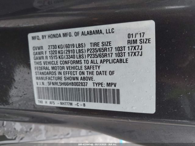 5FNRL5H66HB002837 Honda Odyssey Ex-l
