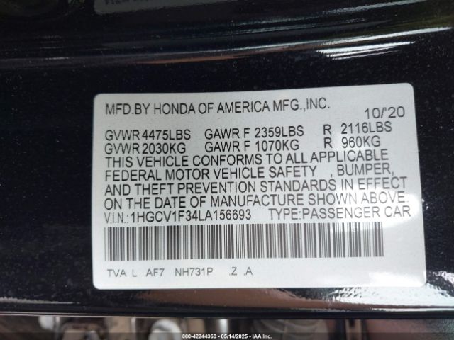 1HGCV1F34LA156693 Honda Accord Sport