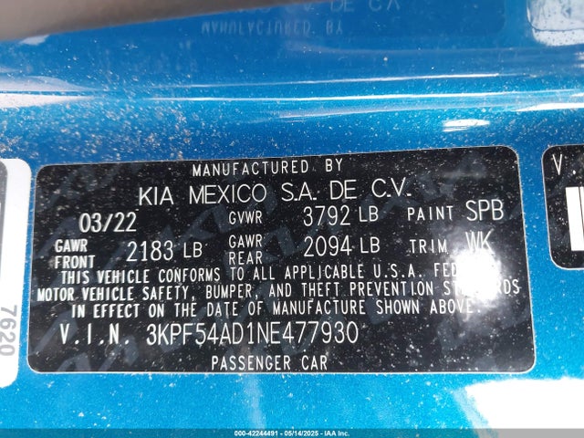 3KPF54AD1NE477930 KIA mpi nu