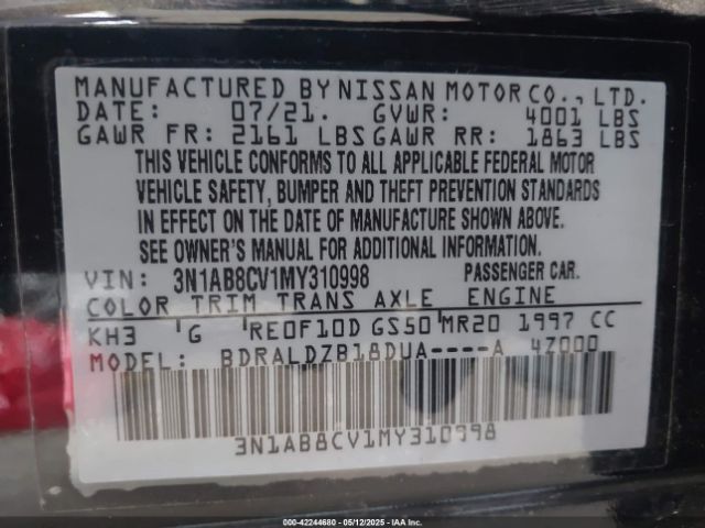 3N1AB8CV1MY310998 Nissan Sentra Sv Xtronic Cvt