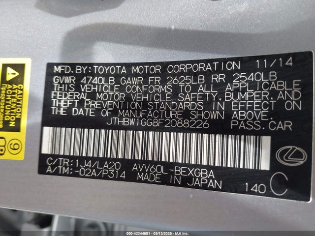 JTHBW1GG8F2088226 Lexus ES 300H