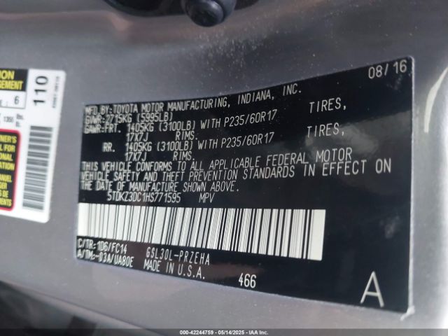 5TDKZ3DC1HS771595 Toyota Sienna Le 8 Passenger