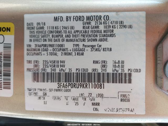3FA6P0RU9KR110081 Ford Fusion Hybrid Titanium