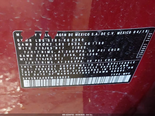 3VV3B7AX8KM126023 Volkswagen 2019