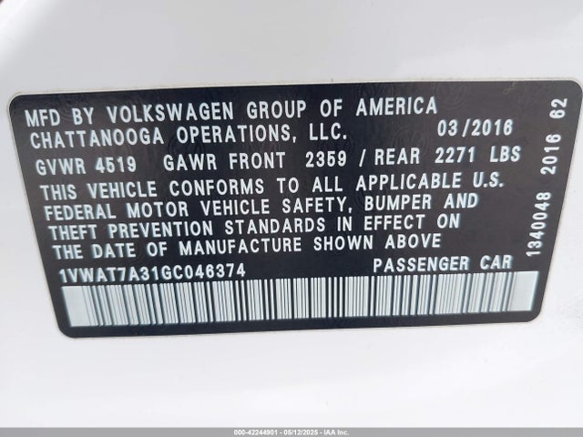 1VWAT7A31GC046374 Volkswagen 2016