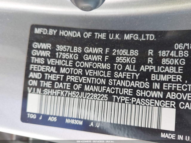 SHHFK7H52JU228225 Honda CIVIC EX