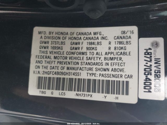 2HGFC4B09GH314551 Honda Civic Lx-p