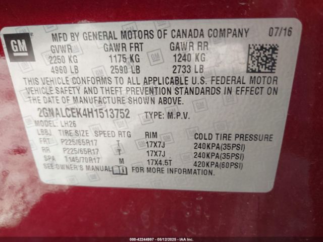 2GNALCEK4H1513752 Chevrolet EQUINOX LT