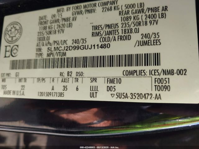 5LMCJ2D99GUJ11480 Lincoln MKC