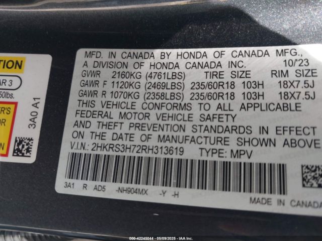 2HKRS3H72RH313619 Honda Cr-v Ex-l 2wd