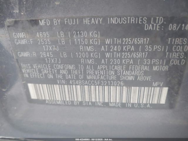 4S4BSACC5F3213026 Subaru Outback 2.5i Premium