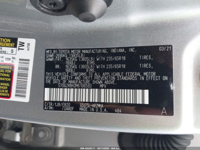 5TDGZRBH2MS106593 Toyota Highlander Xle