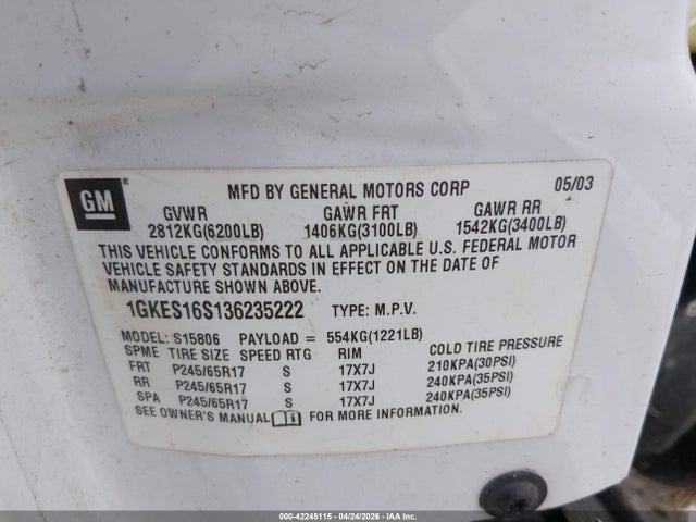Продажа на аукционе авто 2003 Gmc Envoy Xl Slt, vin: 1GKES16S136235222, номер лота: 42245115
